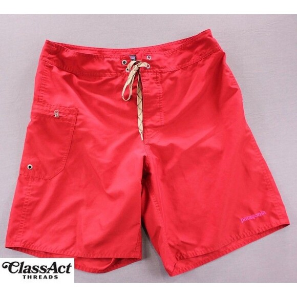 Patagonia Mens Red Board Shorts Tie Waist Pockets 32" Waist 8" Inseam - Picture 1 of 7